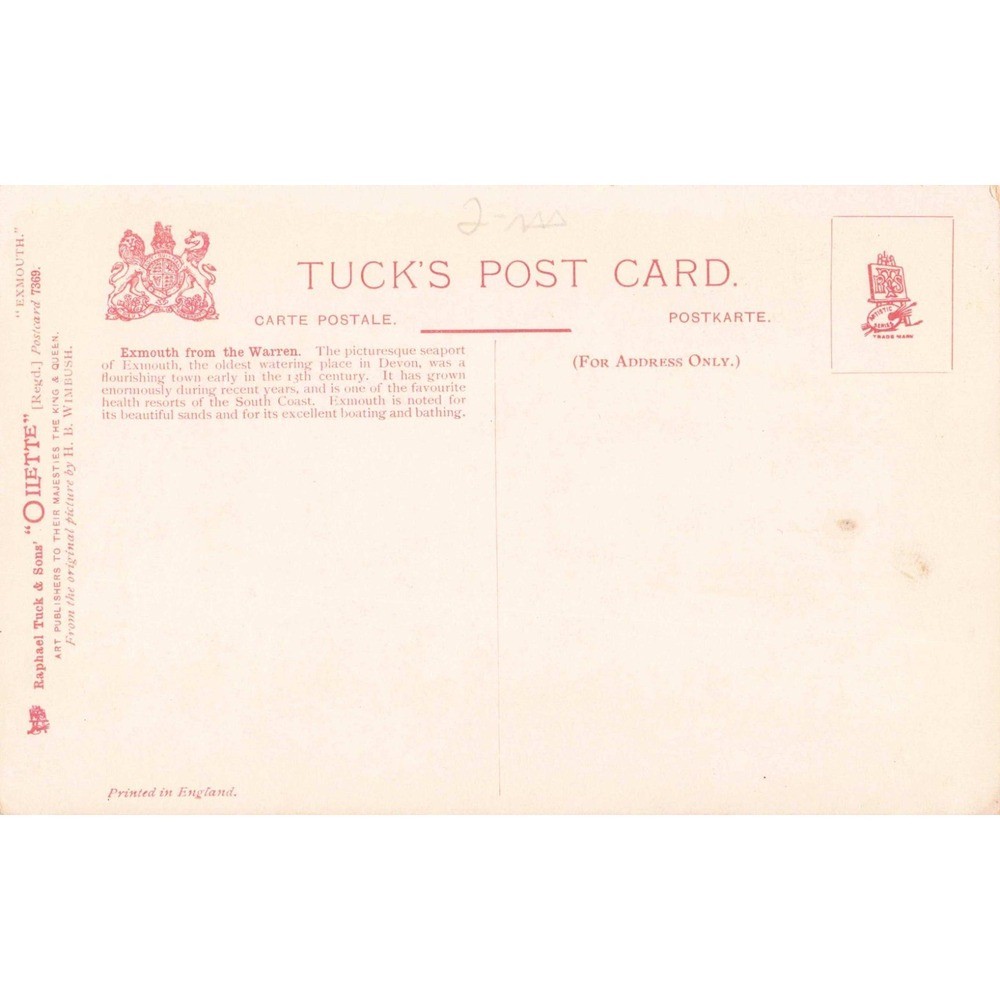 Exmouth Devon England Postcard Tuck Oilette HB Wimbush The Warren Boats c1910 - Picture 2 of 2